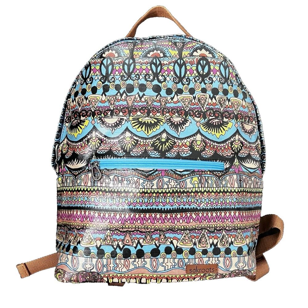 Sakroots Rockaway Backpack Aqua One World Peace Print Coated Canvas Boho Bag